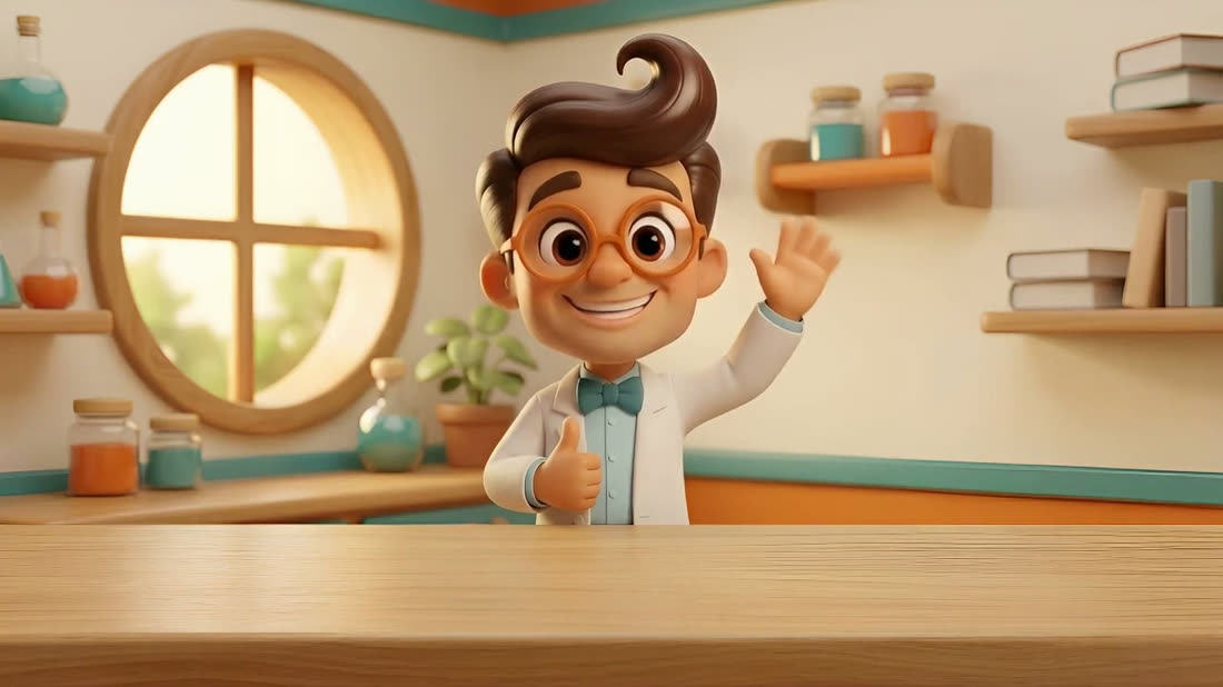 Professor Penotto waving: round orange glasses, a big curl of brown hair, a teal bow tie and a white lab coat.