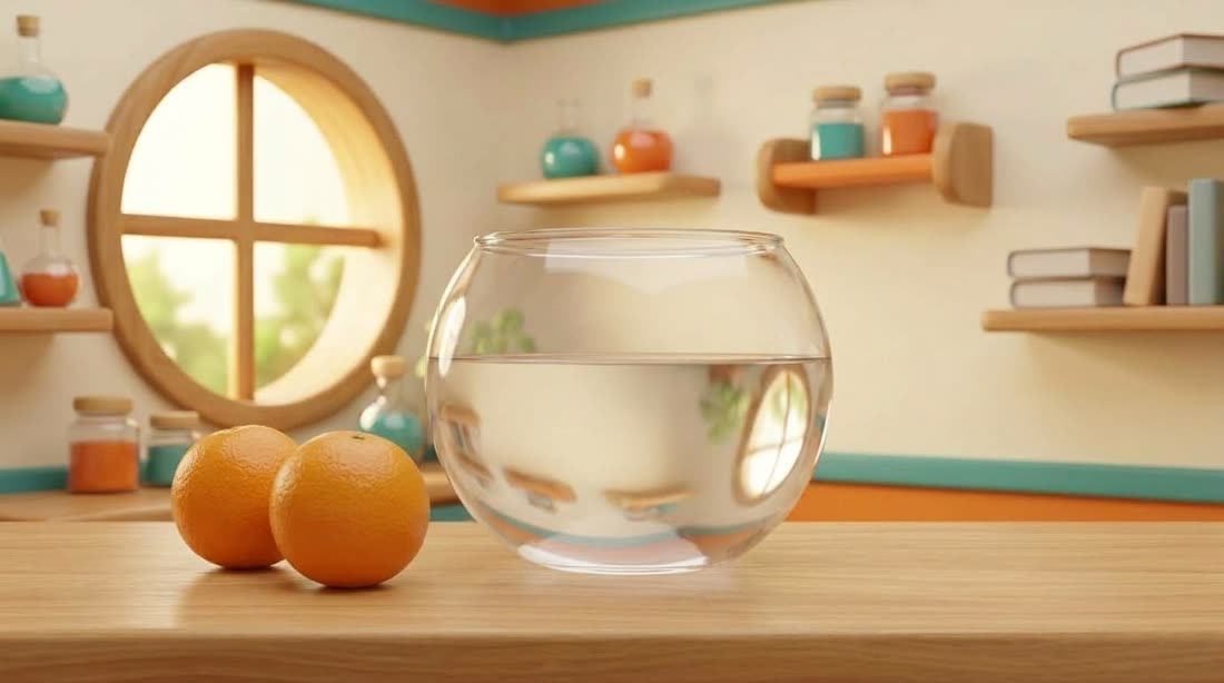Two oranges and a glass bowl of water on the lab table.